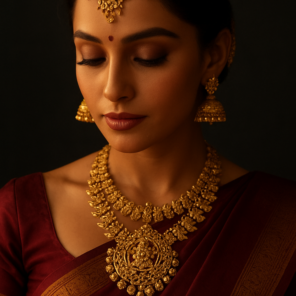 Bride wearing ornate 22k gold temple jewellery