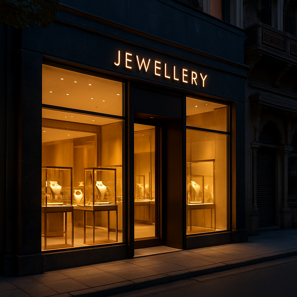 Showroom storefront at dusk
